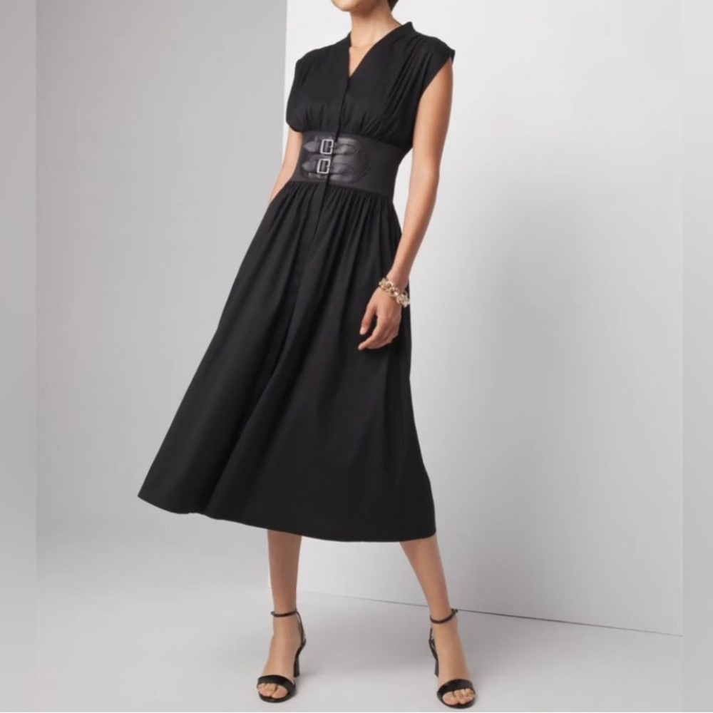WHBM Belted Poplin Midi Dress Black NWT 0 570365873